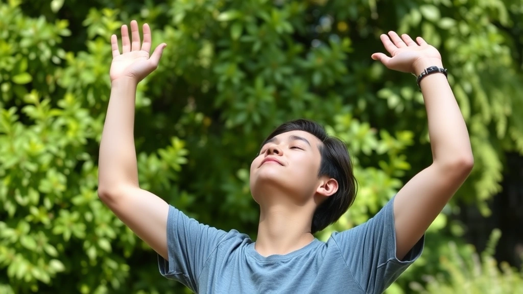 Person taking restorative break outdoors in peaceful garden, stretching arms upward, green foliage background, natural daylight, calm facial expression, no visible clocks or devices