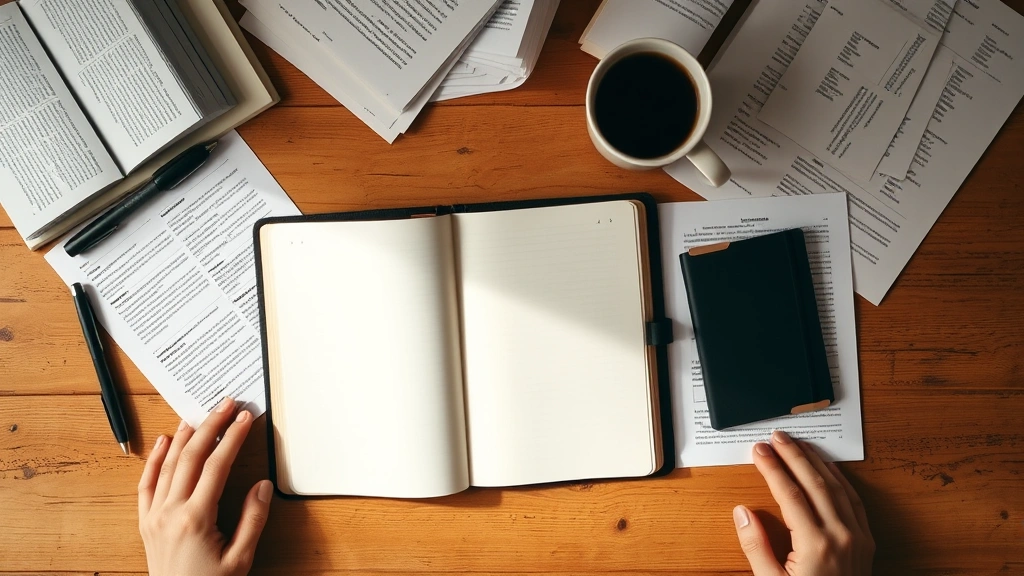 Top-down view of organized workspace with open notebook, coffee cup, and scattered papers arranged neatly, soft natural lighting, warm tones, person's hands visible at edges, no visible text or writing