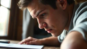 Close-up of a person in deep concentration at a wooden desk with soft natural light streaming through a window, showing intense focus with a calm facial expression, photorealistic