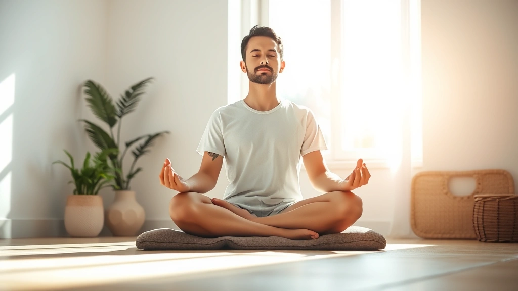 Serene individual meditating in bright natural light, sitting peacefully on meditation cushion with calm expression, sunlit room with plants, photorealistic, focusing on mental clarity and inner peace
