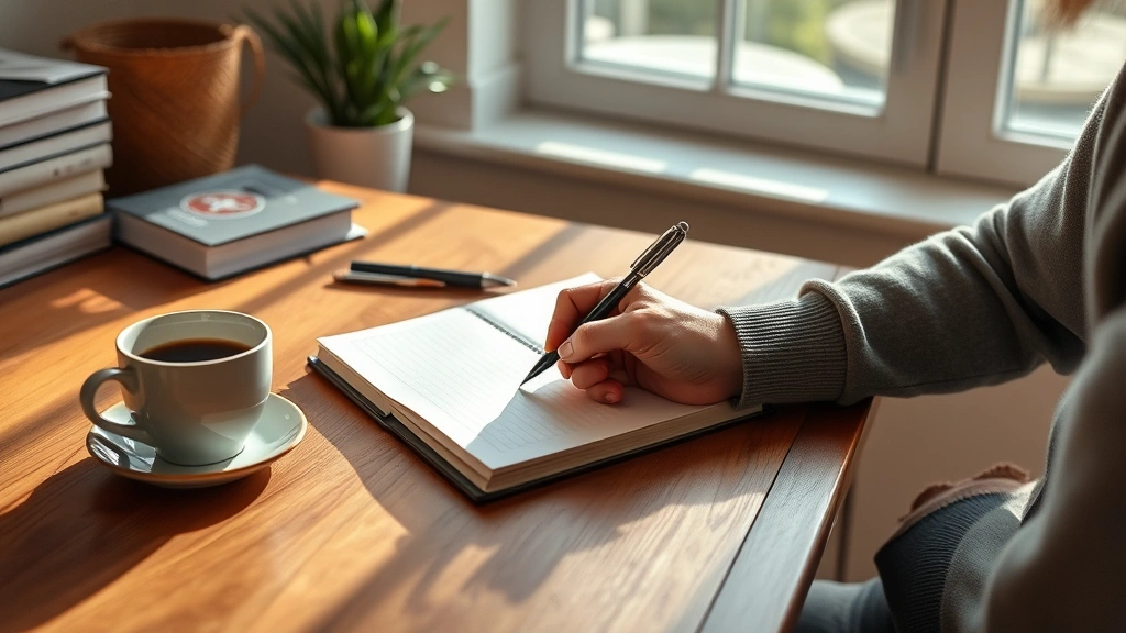 Person writing in journal at wooden desk with morning coffee, natural window light streaming in, peaceful workspace with minimal clutter, photorealistic, conveying clarity and intentional focus