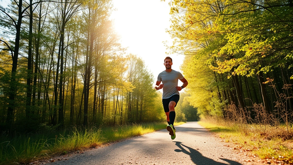 Individual running outdoors on sunny trail surrounded by trees, athletic movement showing vitality and strength, natural landscape, photorealistic, representing physical health supporting cognitive recovery