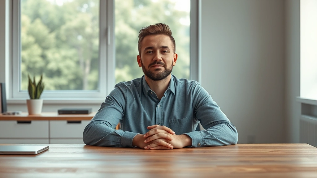 Person sitting peacefully at desk with hands resting on wooden table, soft natural window light, calm focused expression, minimalist workspace background, photorealistic portrait style