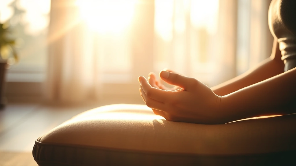 Close-up of someone's hands on a meditation cushion during early morning meditation, warm golden sunlight streaming through window, serene peaceful atmosphere, shallow depth of field