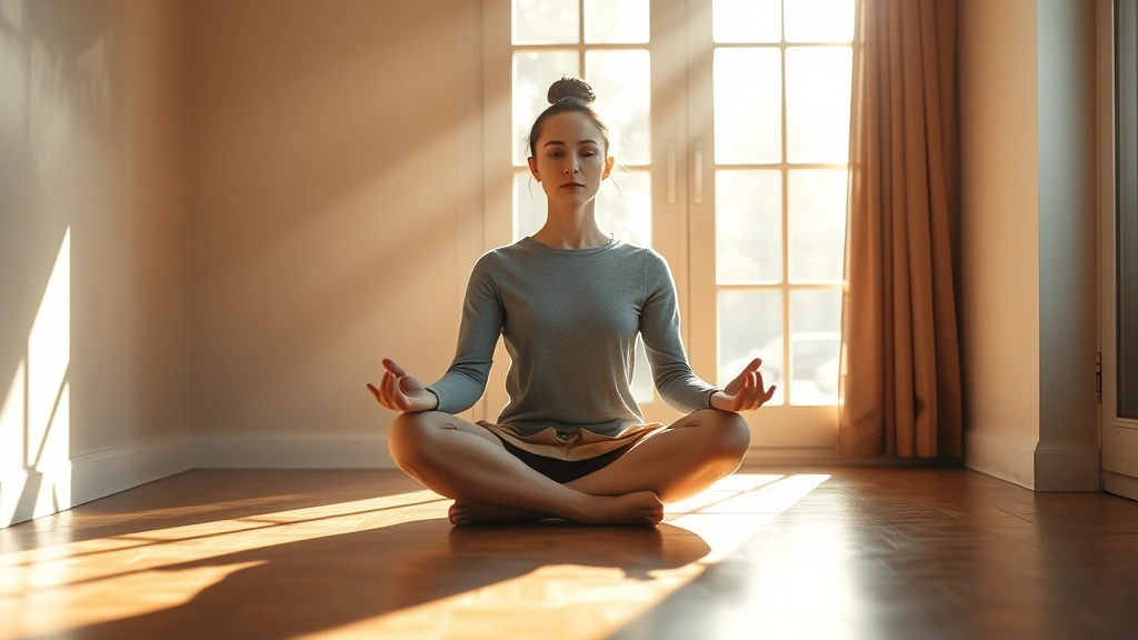 Person sitting cross-legged in peaceful meditation pose on wooden floor, morning sunlight streaming through window, serene facial expression, hands resting on knees, blurred warm-toned background, photorealistic, emphasizing calm focus and mental clarity