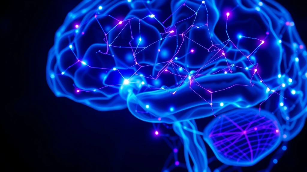 Close-up of human brain with highlighted neural pathways glowing in blue and purple light, abstract scientific visualization of neuron connections activating, representing meditation's neurological impact on focus and attention networks
