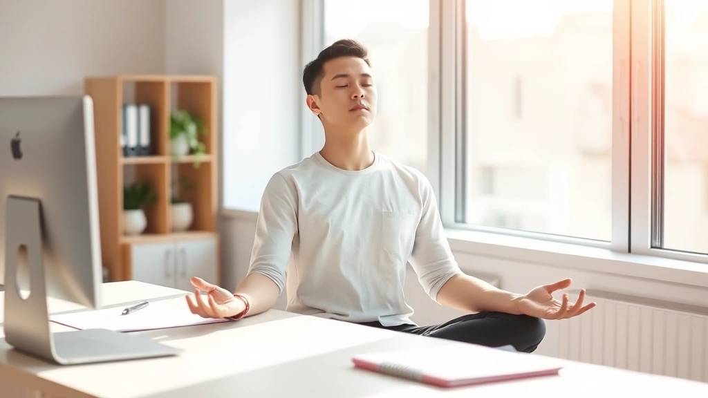 Person sitting at minimalist desk in bright natural light, eyes closed in meditation pose, completely focused, peaceful expression, calm office environment, soft morning sunshine through window