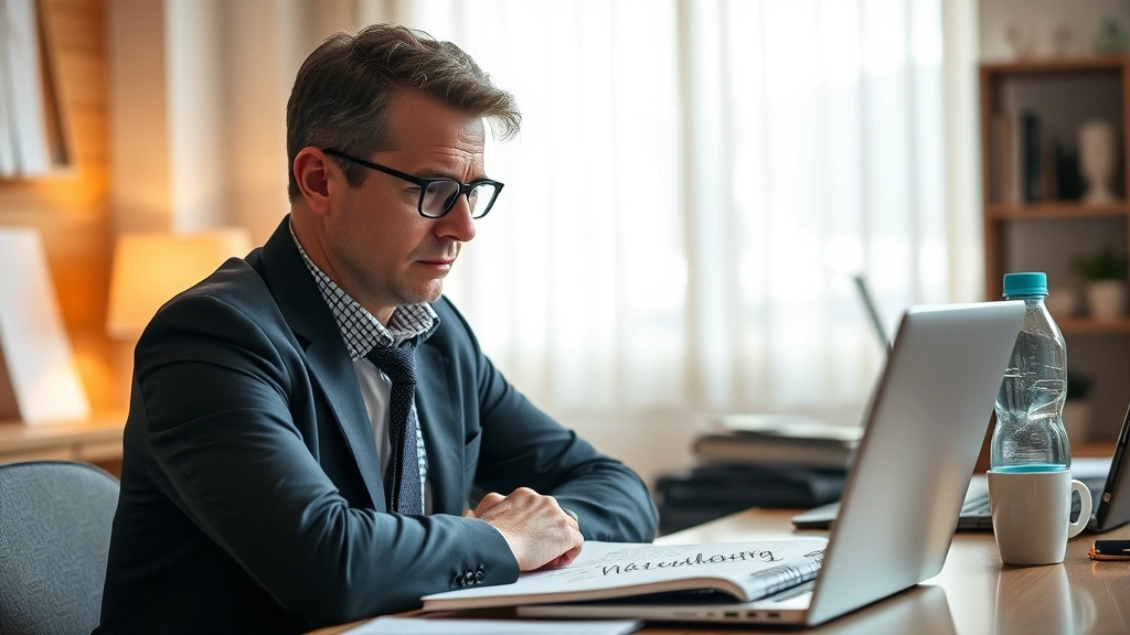 Professional working intently at desk with closed laptop nearby, notebook with handwritten notes, water bottle, single coffee cup, organized workspace, warm lighting, deep concentration visible on face