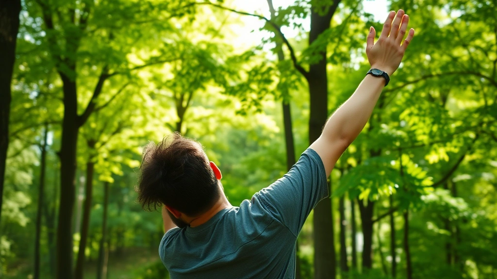 Person in nature taking a break from work, stretching outdoors, trees and green background, sunlight filtering through leaves, relaxed posture, mental reset moment, peaceful environment