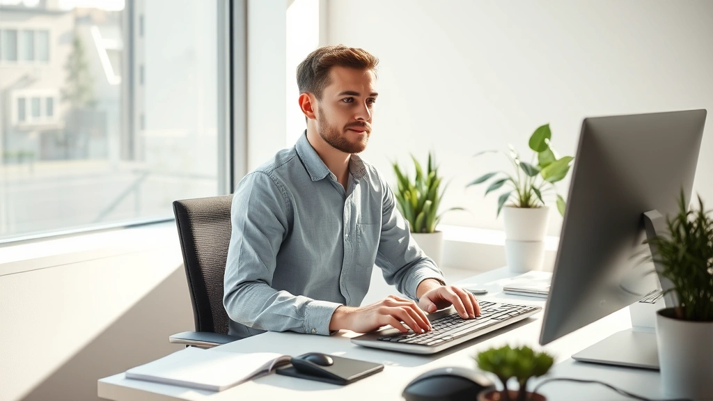 Person sitting at minimalist desk with morning sunlight streaming through window, focused expression, hands on keyboard, calm professional workspace with plants, no screens visible, photorealistic