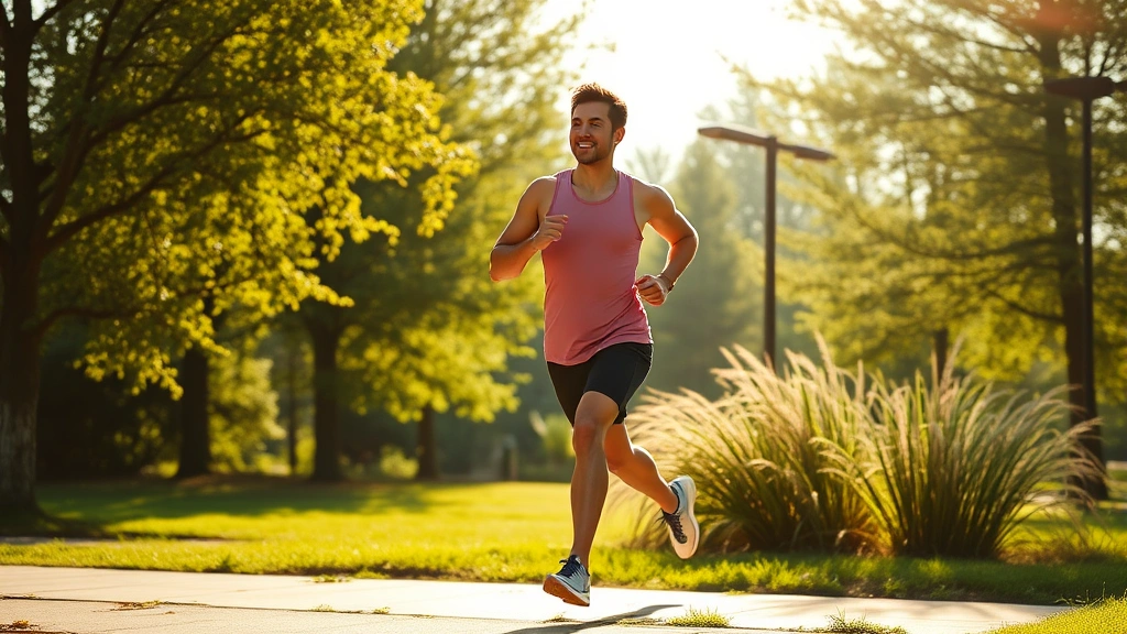 Fit individual doing morning exercise routine outdoors with natural sunlight, energetic movement like jogging or stretching, clear bright morning environment, photorealistic professional style
