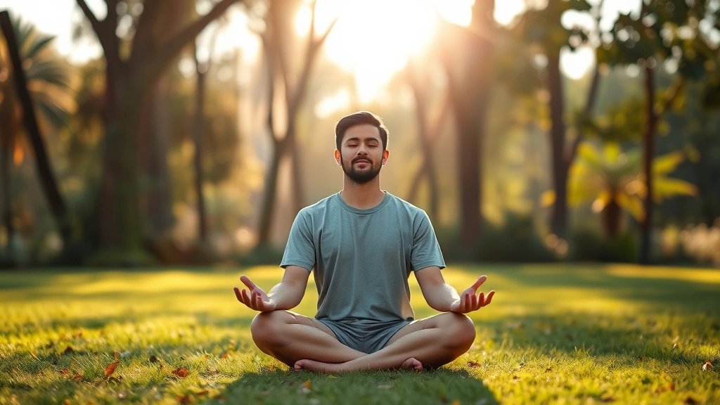 Person meditating in peaceful natural setting with soft sunlight, sitting cross-legged in garden or park, calm expression, nature background with trees, photorealistic serene atmosphere