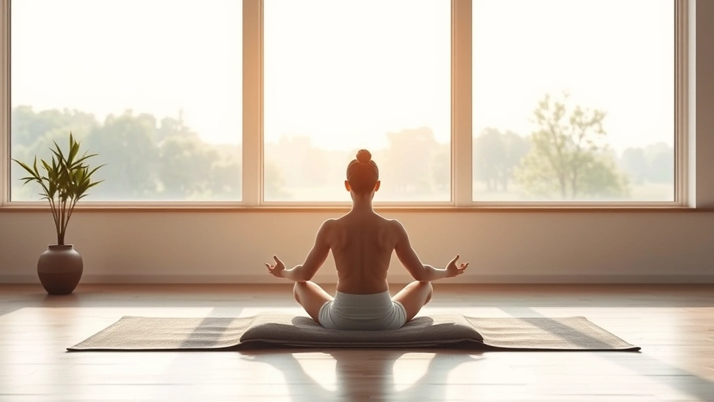 Individual meditating on cushion in bright room with large windows overlooking nature, morning light, peaceful posture, minimalist zen aesthetic, photorealistic, embodying concentration and tranquility