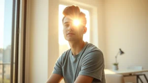 Person sitting by bright morning window with natural sunlight streaming across their face, looking peaceful and alert, modern minimalist workspace visible in background, warm golden light creating calm atmosphere