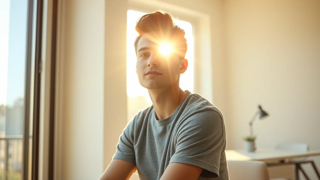 Person sitting by bright morning window with natural sunlight streaming across their face, looking peaceful and alert, modern minimalist workspace visible in background, warm golden light creating calm atmosphere