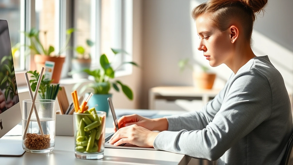 Peaceful workspace with natural light, organized desk with water glass and healthy snacks, plants visible in background, person in soft focus working with concentrated expression, bright but not harsh lighting, serene environment