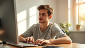 Person in deep focus at desk with soft natural light, hands on keyboard, relaxed posture, peaceful expression, minimal surroundings, morning sunlight through window