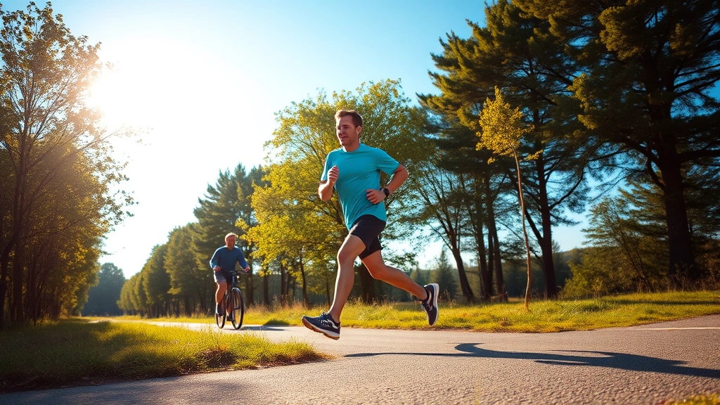 Active person mid-exercise outdoors, running or cycling in natural setting, energetic movement, blue sky, trees, vibrant but calm environment, morning or afternoon light