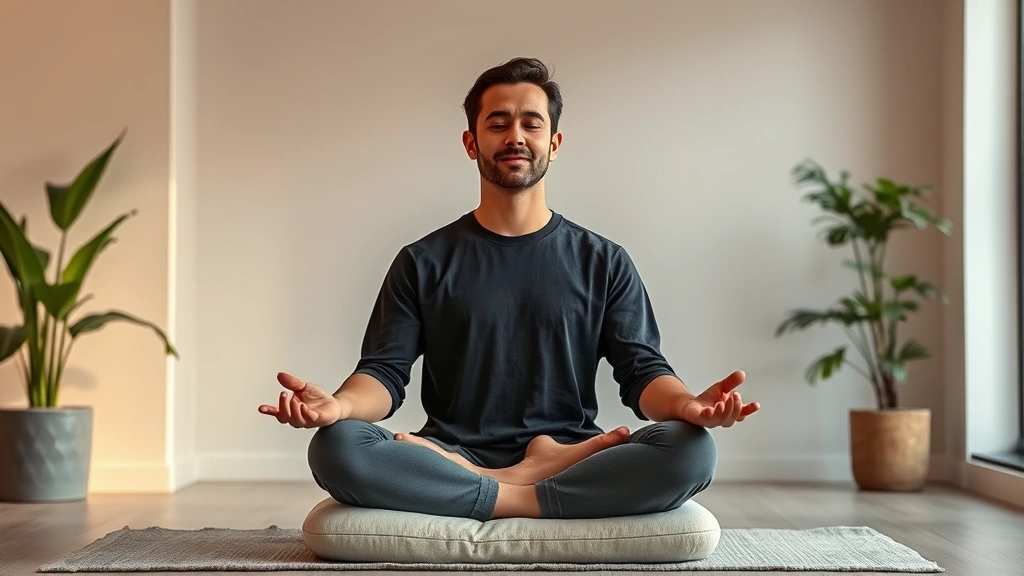 Individual meditating in serene indoor space, cross-legged on cushion, peaceful facial expression, soft warm lighting, plants nearby, minimalist background, calm atmosphere