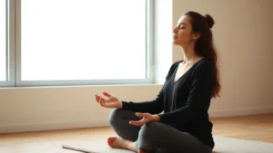 Woman sitting peacefully by large window with natural light, eyes closed in meditation, hands resting gently on lap, serene expression, minimalist room with soft neutral tones, photorealistic, emphasizing mental calm and inner focus