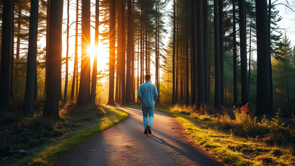 Person walking alone on forest path during golden hour, surrounded by tall trees and dappled sunlight, peaceful stride, looking ahead with clarity, nature setting promoting mental restoration and cognitive recovery