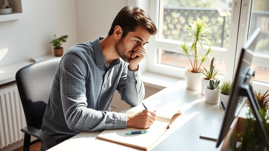 Individual sitting at desk with journal and pen, thoughtful posture looking out window, morning light streaming in, plants visible, clean organized space reflecting mental clarity, introspective moment capturing personal growth and focus
