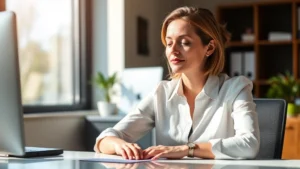 Woman sitting peacefully at desk with natural sunlight, looking focused and calm, hands resting on desk, serene office environment, no text visible, professional yet relaxed posture