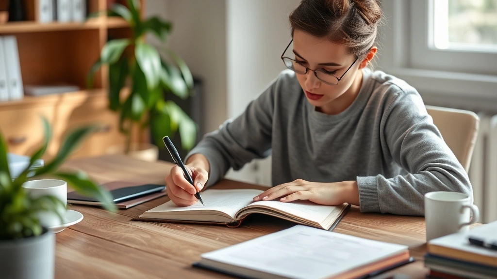 Individual writing in journal at wooden desk with plant nearby, focused expression, natural morning light, coffee cup on side, organized workspace, mindful journaling moment, no notebook text visible