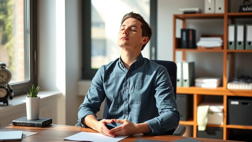 Person sitting peacefully at desk with eyes closed, practicing deep breathing exercises, natural sunlight streaming through window, calm professional workspace, serene facial expression, hands resting on desk