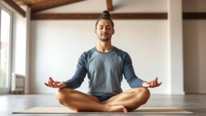 Person in peaceful meditation pose with serene expression, sitting cross-legged in calm indoor environment with soft natural lighting, demonstrating mental clarity and focus