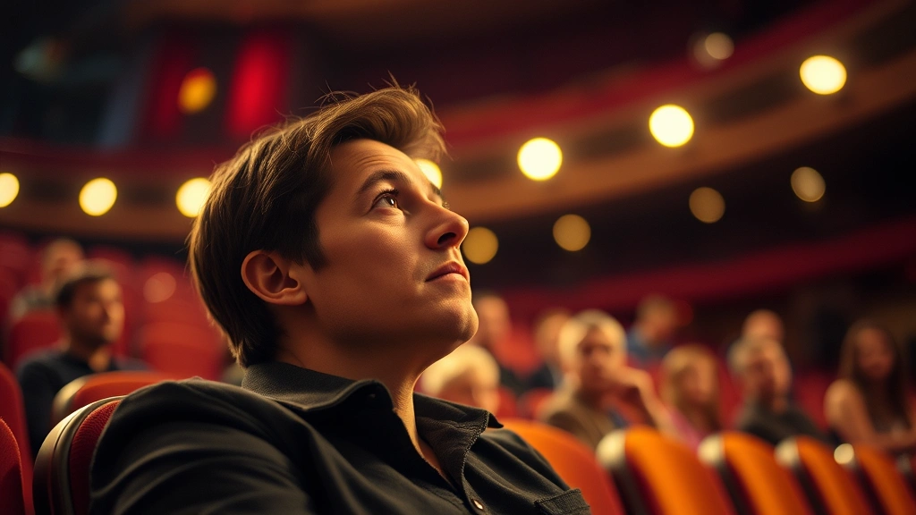 Person sitting in Broadway theater seat, looking up at stage lights with focused expression, warm golden lighting illuminating face, professional theater interior visible, concentrated attention evident