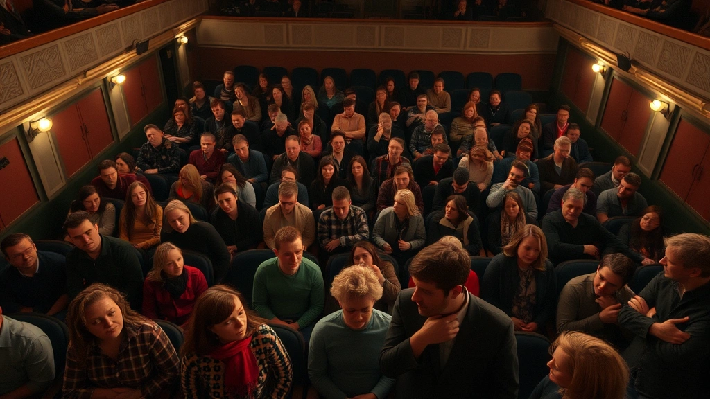 Overhead view of theater audience members in seats, all facing stage, engaged body language, soft stage lighting casting glow on faces, multiple people showing focused attention, theater architecture framing scene