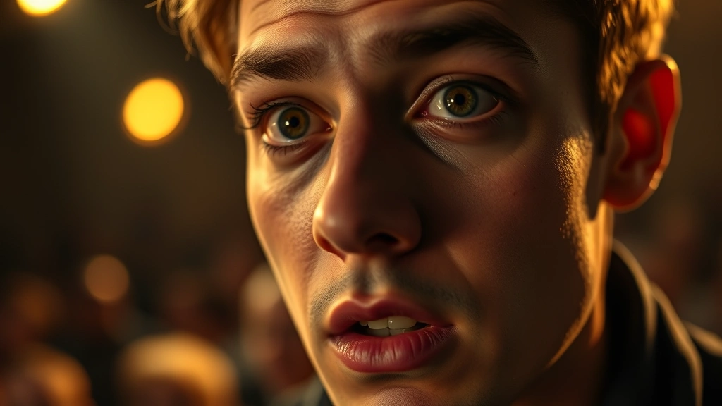 Close-up of person's face during theatrical performance, eyes focused on stage, genuine emotional engagement visible, warm theater lighting, background shows blurred stage performance, deep concentration evident