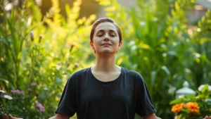 Person meditating peacefully in serene garden setting with soft natural light, eyes closed in deep concentration, peaceful expression, surrounded by green plants and flowers