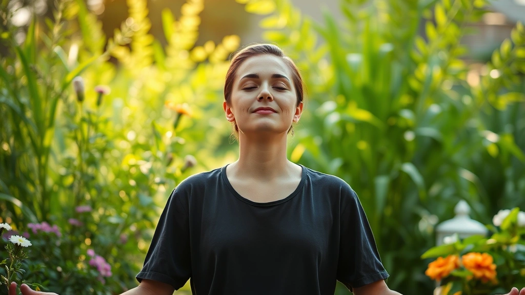 Person meditating peacefully in serene garden setting with soft natural light, eyes closed in deep concentration, peaceful expression, surrounded by green plants and flowers
