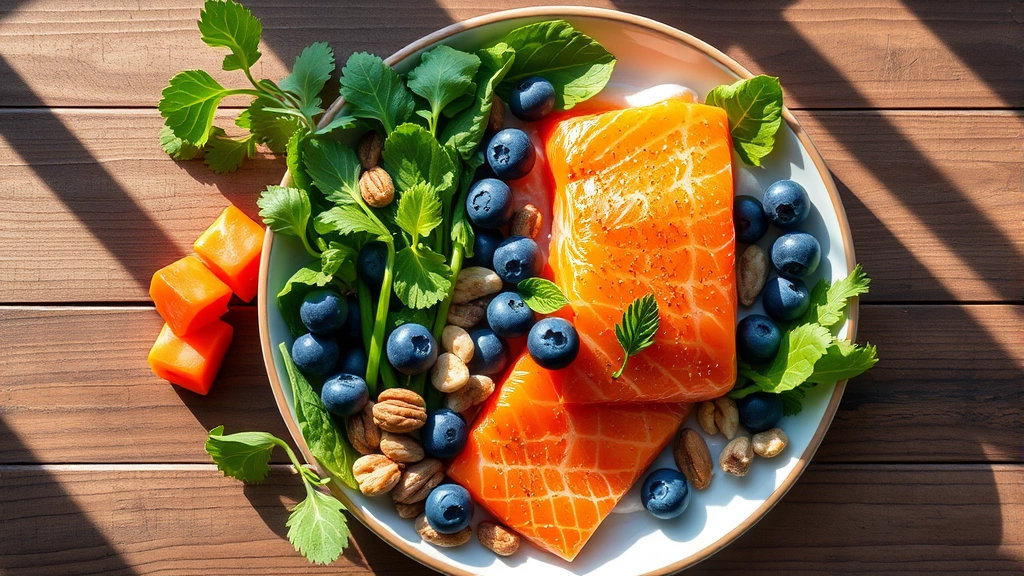 Overhead shot of nutritious breakfast spread featuring salmon, blueberries, nuts, and fresh greens on wooden table with morning sunlight streaming across, vibrant colors