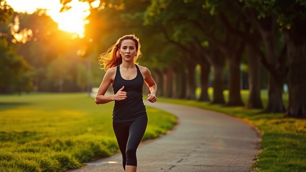 Woman jogging through tree-lined park path during golden hour, natural movement captured mid-stride, focused expression, lush green surroundings, bright natural lighting