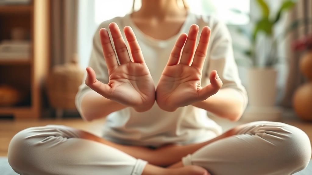 Close-up of hands in meditation mudra position on crossed legs, warm natural lighting, peaceful home environment, shallow depth of field focusing on hands, soft neutral tones and textures