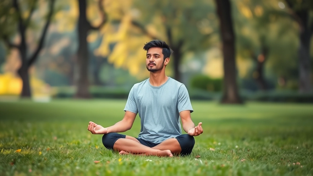 Individual practicing outdoor mindfulness while sitting on grass in a park or natural setting, trees and greenery softly blurred in background, morning or golden hour lighting, peaceful focused expression, natural environment