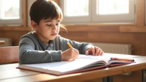 Student studying at wooden desk with natural window light streaming in, notebook and pencil visible, peaceful concentrated expression, bright morning atmosphere, no screens or text visible
