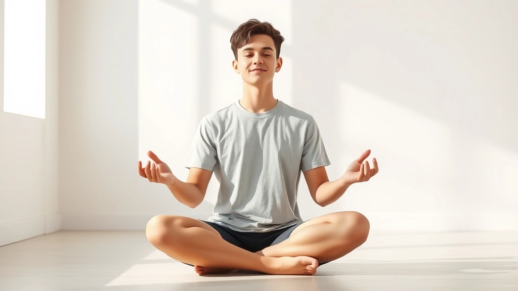 Young person meditating cross-legged in bright minimalist room, peaceful expression, hands resting on knees, soft natural lighting, serene indoor environment, no text or decorative elements