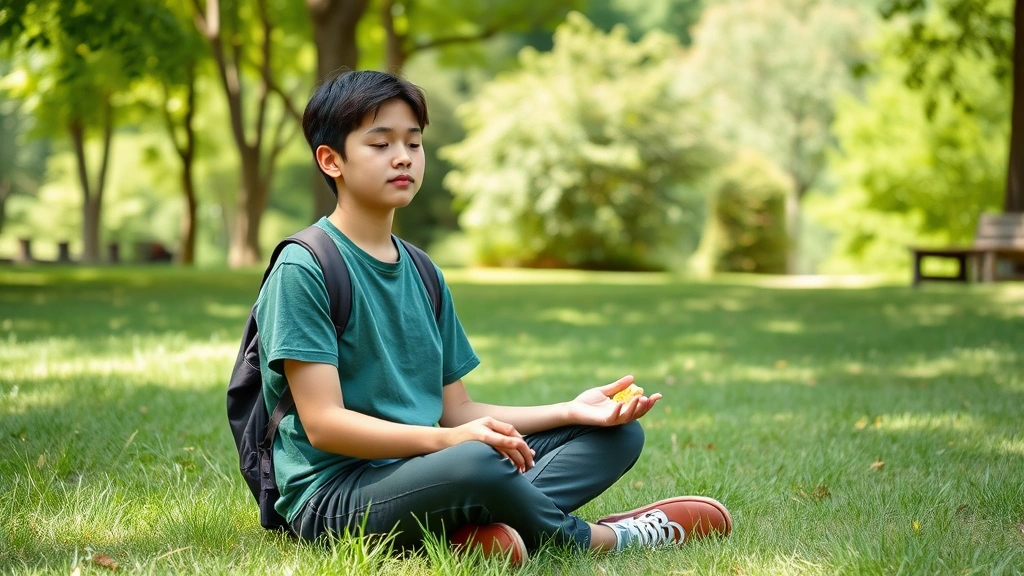 Student taking a mindful break outdoors, sitting on grass in park, relaxed posture, natural greenery background, healthy snack visible, peaceful daytime setting, no screens or written words