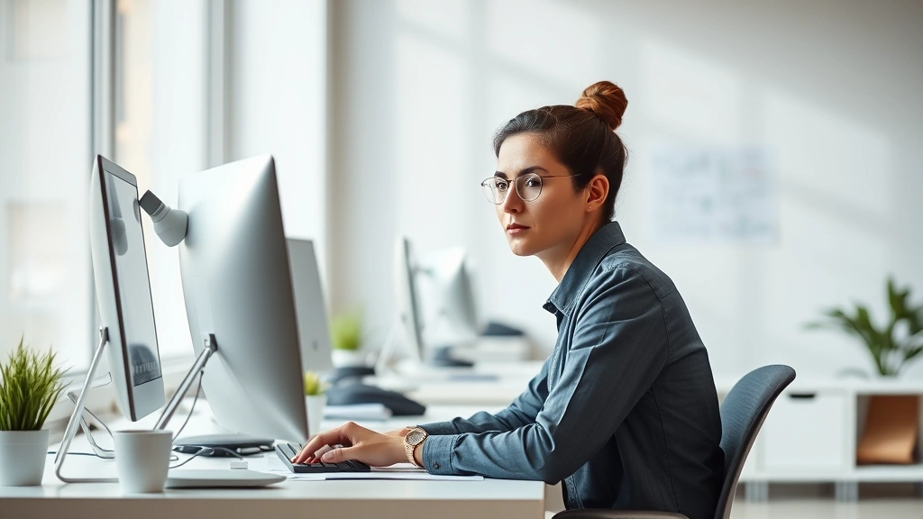 Person sitting at desk in bright office, eyes focused on work with calm, concentrated expression, natural lighting, minimalist workspace, no screens visible, peaceful concentration