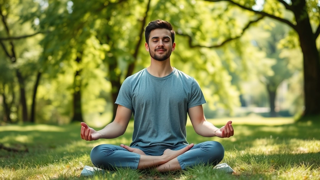 Individual meditating outdoors in nature, sitting peacefully on grass with trees in background, serene expression, sunlight filtering through leaves, embodying mindfulness and mental clarity
