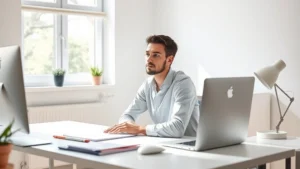 Person sitting at minimalist desk with clean workspace, natural light streaming through window, focused on work with calm expression, neutral colors, photorealistic