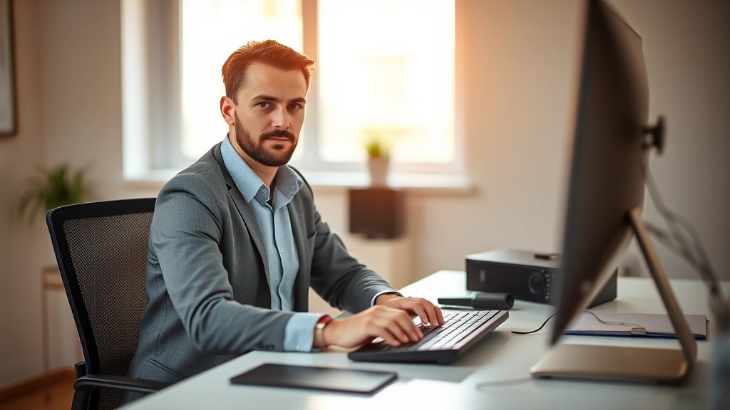 Professional sitting at clean minimalist desk with warm lighting, focused expression, hands on keyboard, blurred background, natural window light, calm concentrated atmosphere