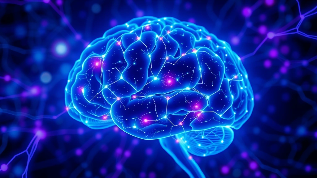 Brain visualization with glowing neural networks and neurotransmitter activity, abstract blue and purple light patterns, scientific illustration style, high contrast