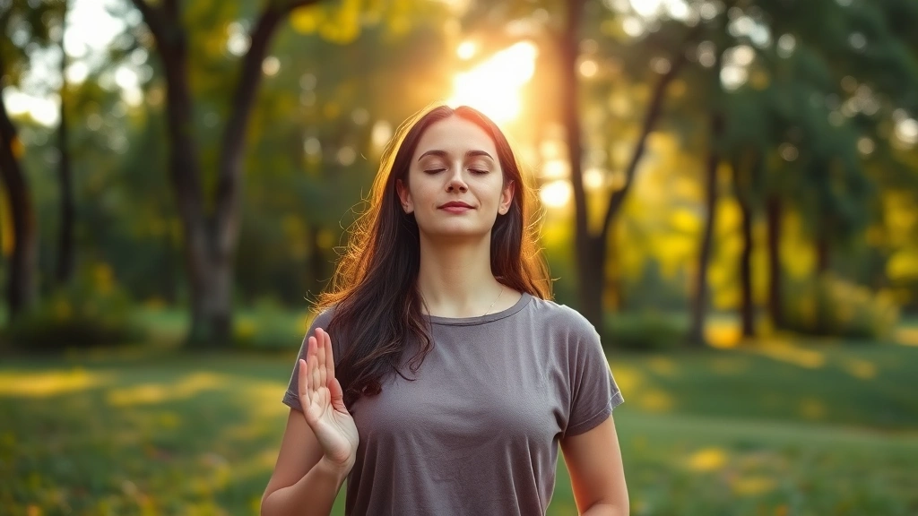 Person meditating in peaceful natural setting, morning sunlight filtering through trees, serene expression, hands in meditation pose, soft golden hour lighting