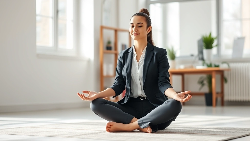 Person sitting in peaceful meditation posture in a bright, minimalist workspace with soft natural light streaming through windows, calm facial expression, professional attire, focused and serene atmosphere