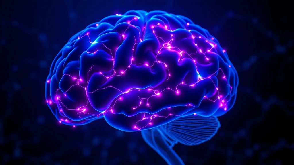 Brain visualization showing neural pathways lighting up in the prefrontal cortex region, glowing connections representing neurotransmitters, deep blues and purples, scientific and modern aesthetic